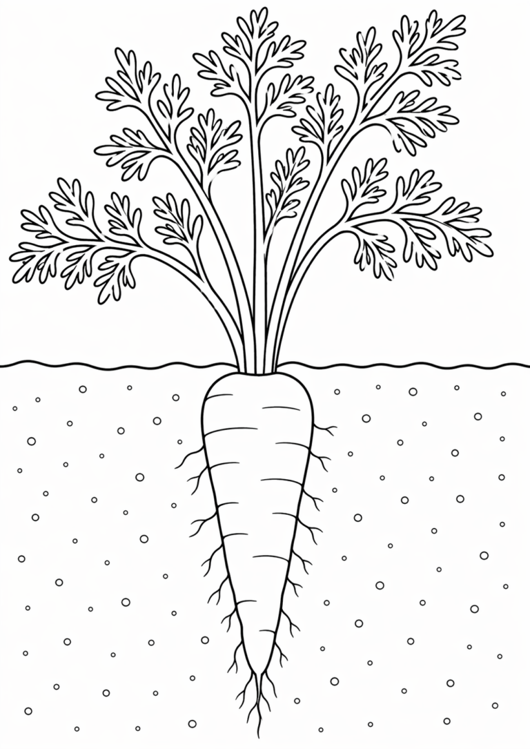 A children's coloring page showing a giant carrot with intricate leaves above ground. The carrot extends below the soil line, ready to be colored with vibrant hues.