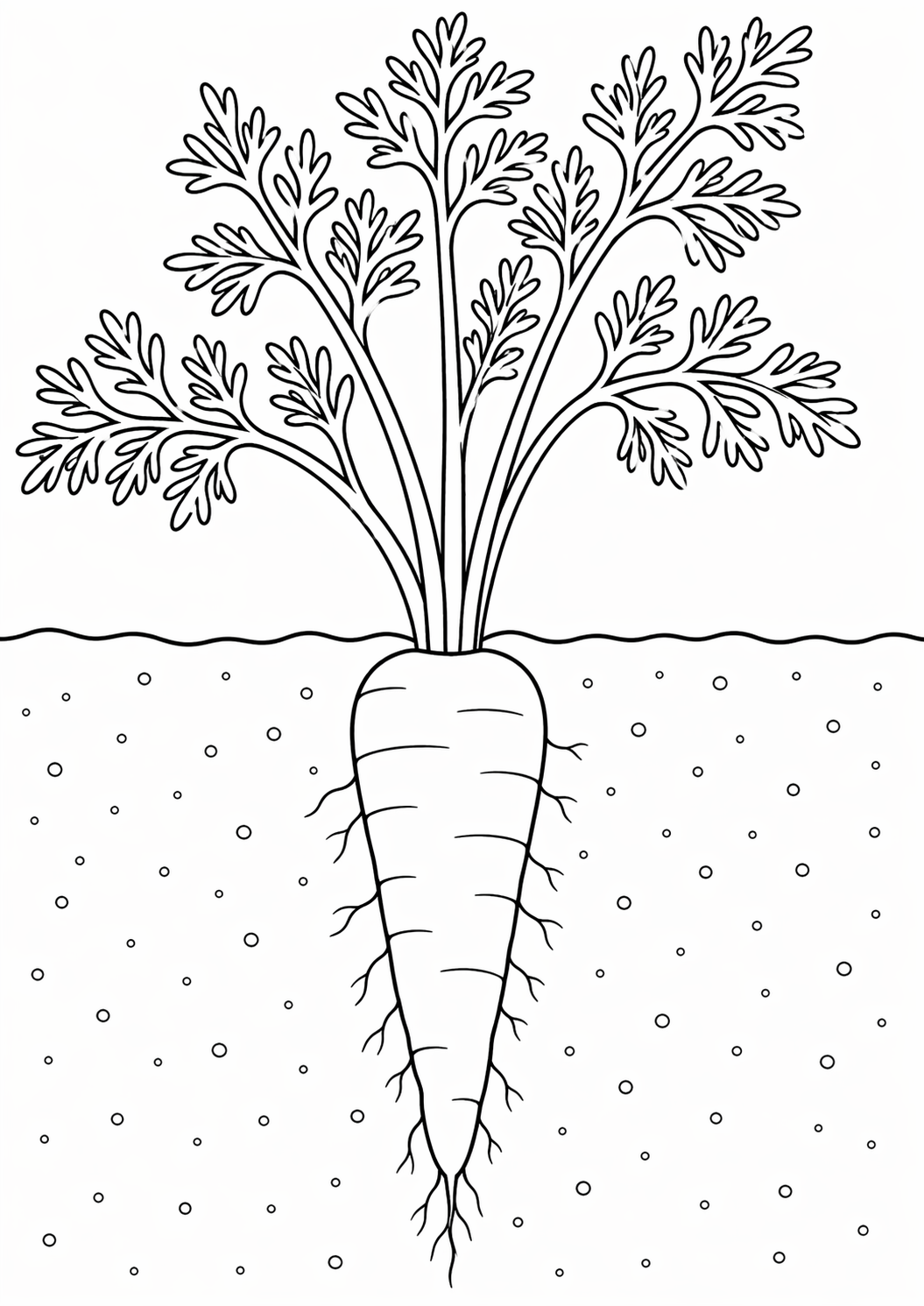 A children's coloring page showing a giant carrot with intricate leaves above ground. The carrot extends below the soil line, ready to be colored with vibrant hues.