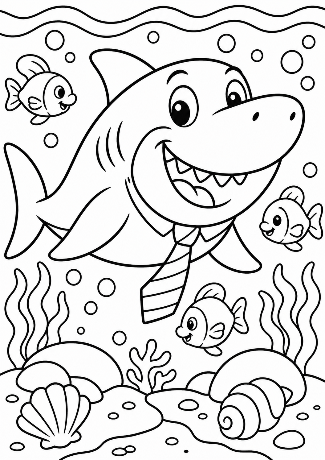 A kids' coloring page featuring a cartoon shark wearing a tie, surrounded by happy fish and underwater scenery. Perfect for children to explore their creativity and learn about ocean life while having fun coloring.