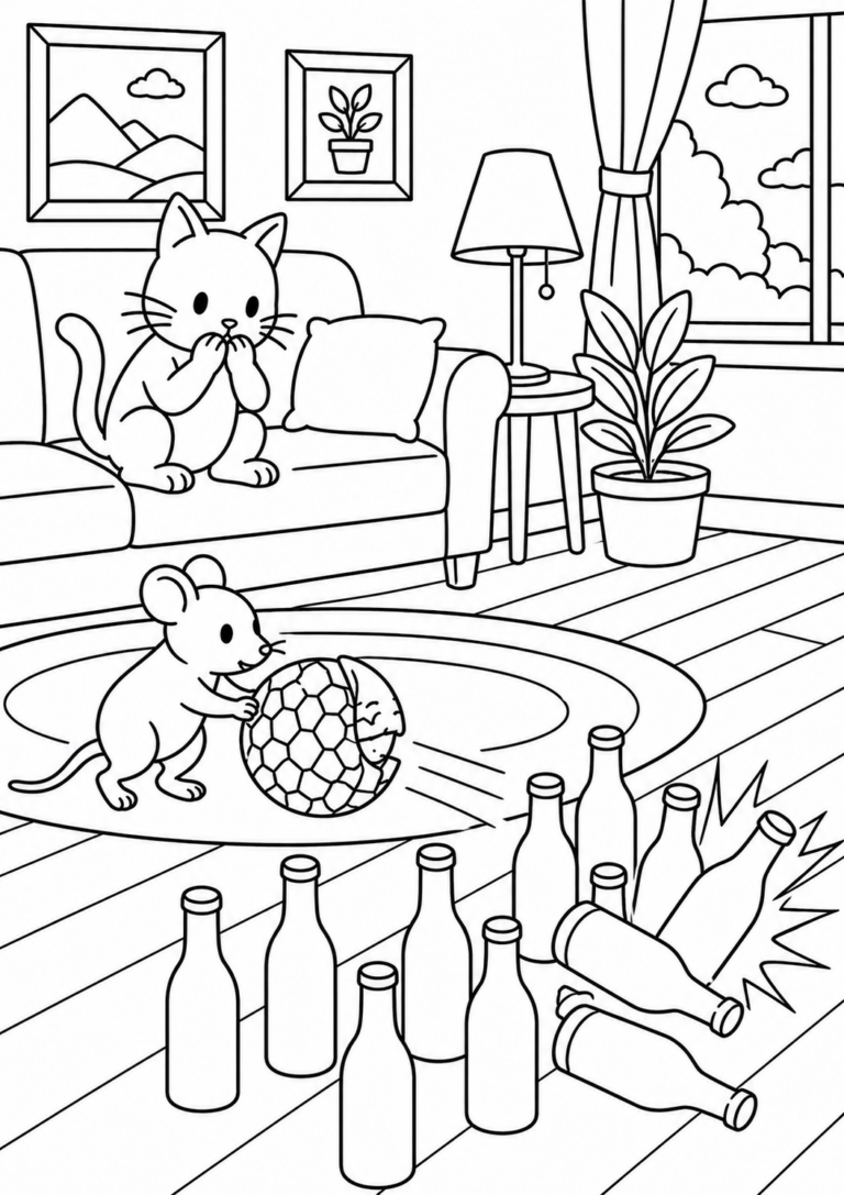 A detailed coloring page showing a cat on a couch and a mouse playing with a ball in a living room setting, complete with various engaging details like houseplants and artwork.
