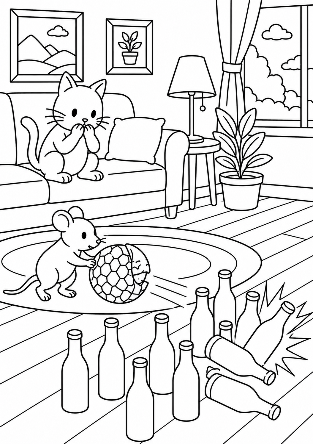 A detailed coloring page showing a cat on a couch and a mouse playing with a ball in a living room setting, complete with various engaging details like houseplants and artwork.