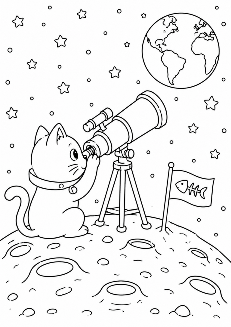 An adorable cat astronaut sits on the moon with a telescope, gazing at Earth. Stars and planets surround the scene, inviting children to color in this imaginative space adventure.