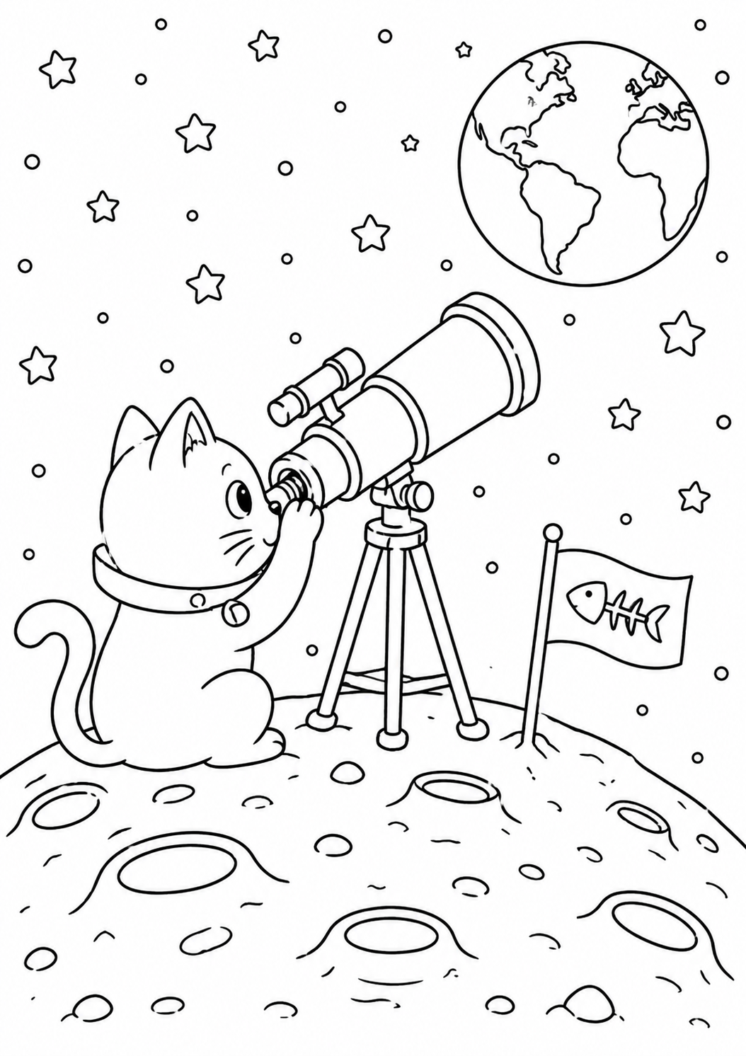 An adorable cat astronaut sits on the moon with a telescope, gazing at Earth. Stars and planets surround the scene, inviting children to color in this imaginative space adventure.