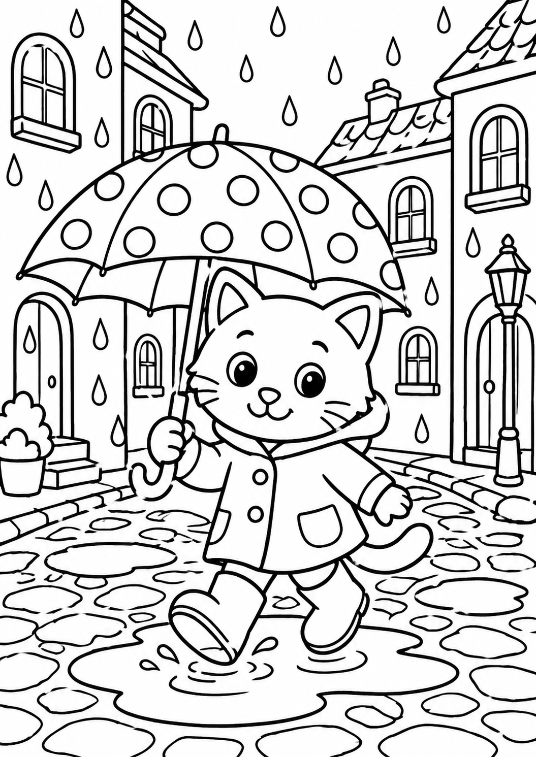 A cute cat with a polka-dotted umbrella and raincoat walks happily through a cobblestone street in the rain, with buildings in the background and raindrops falling.