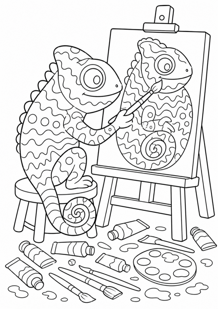 A coloring page of a chameleon painting on a canvas with art supplies scattered around. The scene encourages creativity and features detailed patterns on the chameleon and the artwork.