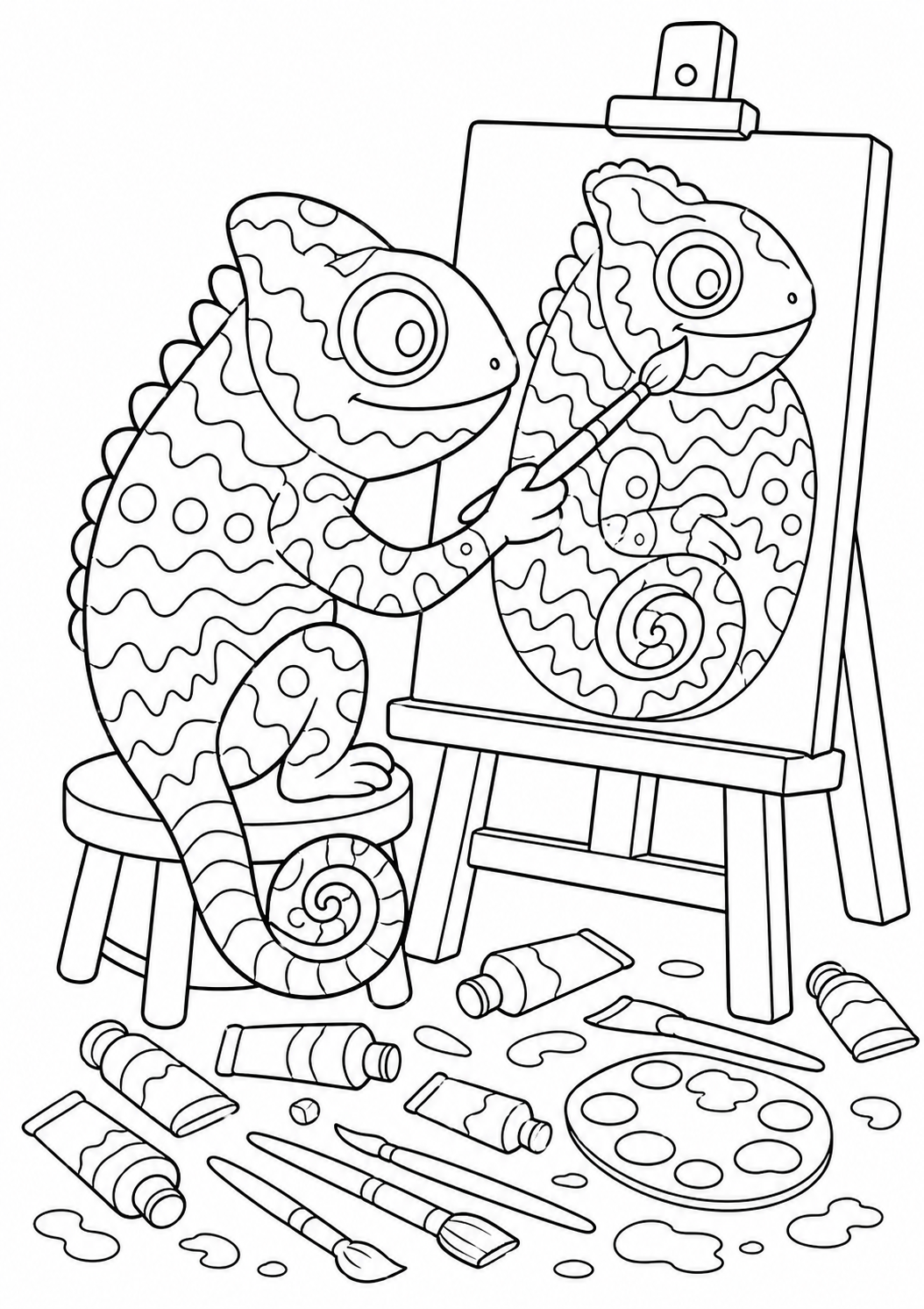 A coloring page of a chameleon painting on a canvas with art supplies scattered around. The scene encourages creativity and features detailed patterns on the chameleon and the artwork.