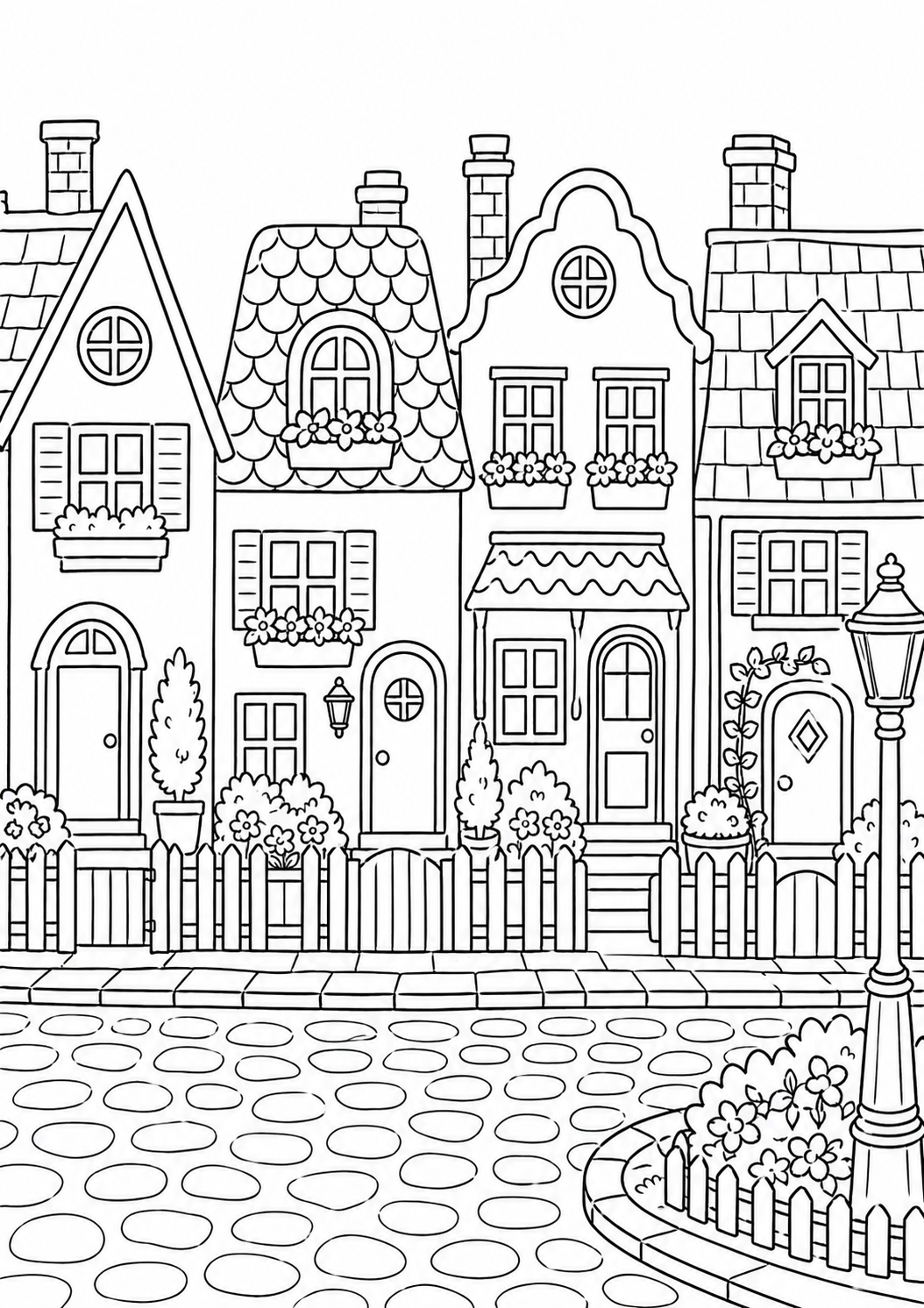 Coloring page with charming houses, featuring picket fences, detailed windows, flower boxes, and cobblestone paths. Ideal for children to enjoy coloring.