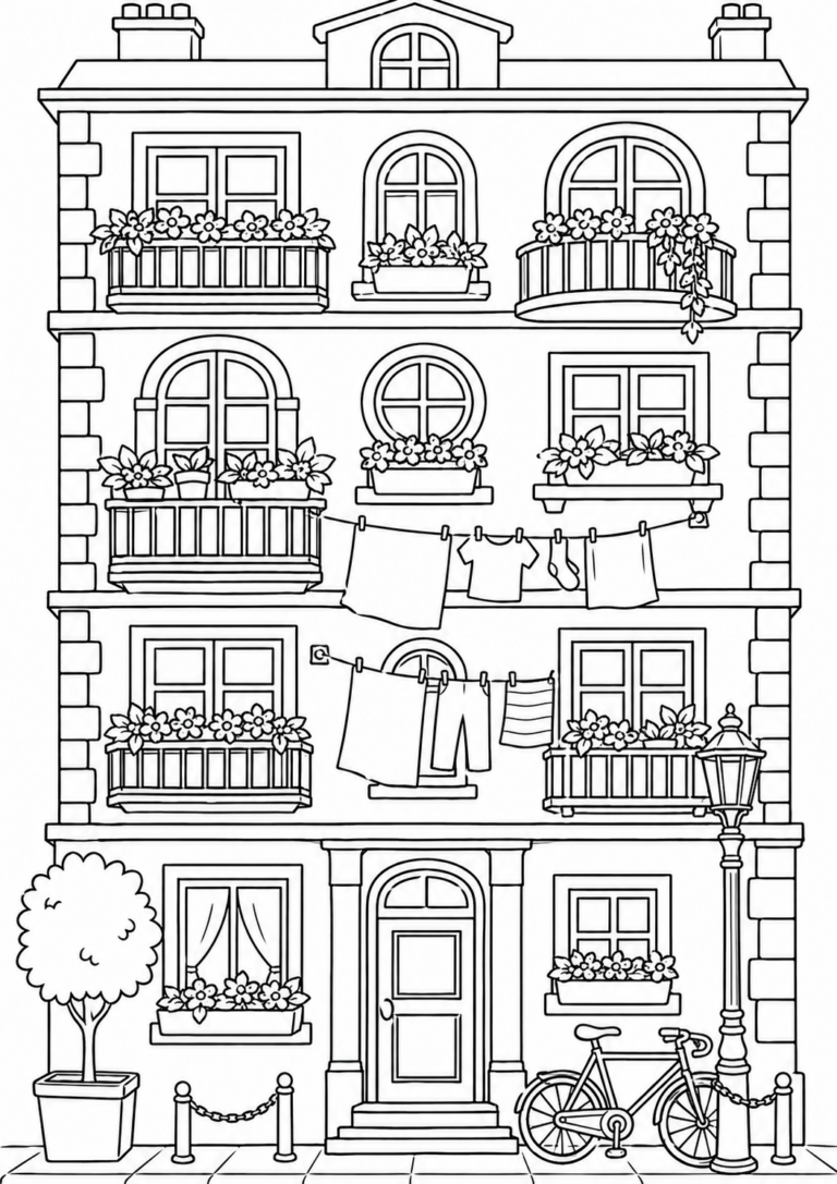A children's coloring page with a detailed townhouse featuring balconies, flowers, windows, and a bicycle. Perfect for kids to color and explore architecture.
