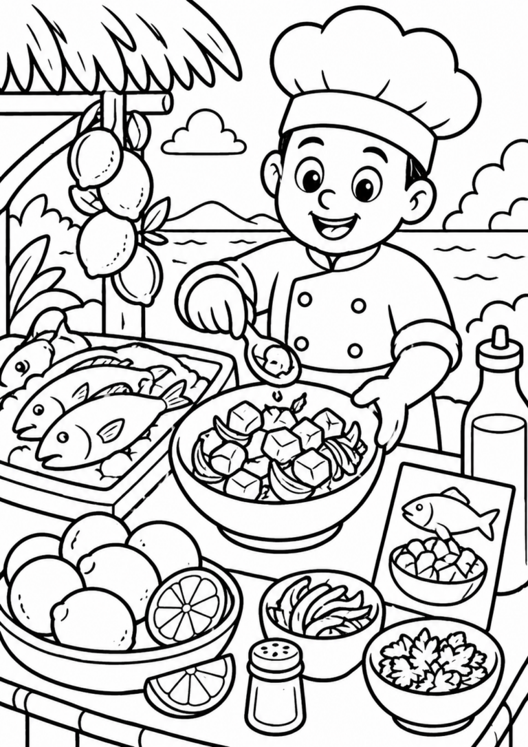 A happy chef is preparing a fish dish with ingredients like lemons, herbs, and a sea view. Children can enjoy coloring this detailed scene.