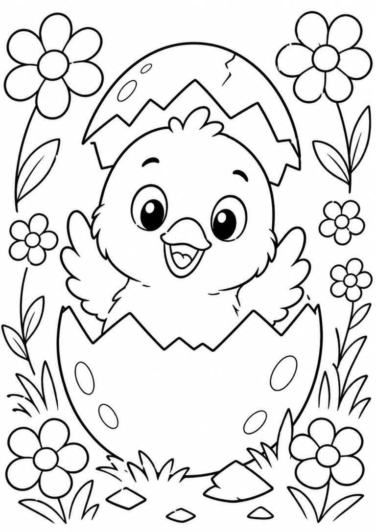 A cute chick emerges from a cracked egg surrounded by cheerful flowers and grass, inviting children to add colors to the joyful scene.