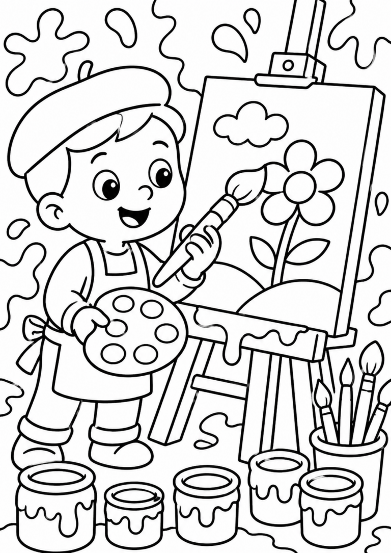 A cheerful child artist with a palette and brush paints a flower on canvas. Surrounded by paint cans and brushes, the scene encourages artistic creativity.