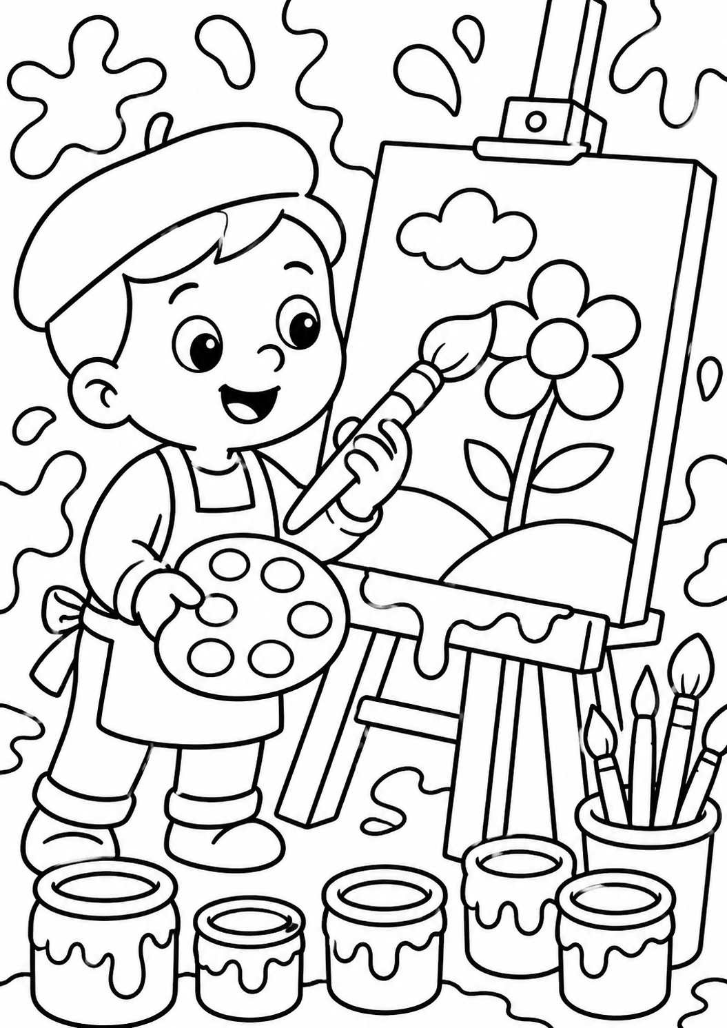 A cheerful child artist with a palette and brush paints a flower on canvas. Surrounded by paint cans and brushes, the scene encourages artistic creativity.