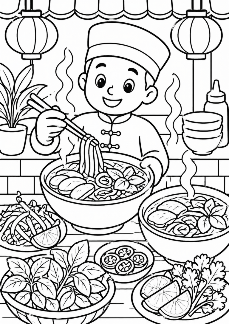 Coloring page of a smiling child chef preparing a bowl of hot noodles in a lively kitchen surrounded by fresh vegetables and bowls.