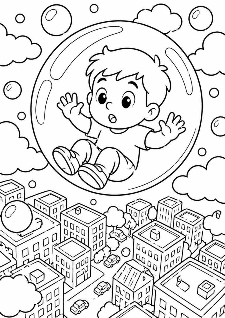 A child floating in a large bubble above a city full of buildings and clouds, perfect for a whimsical coloring activity that sparks creativity.