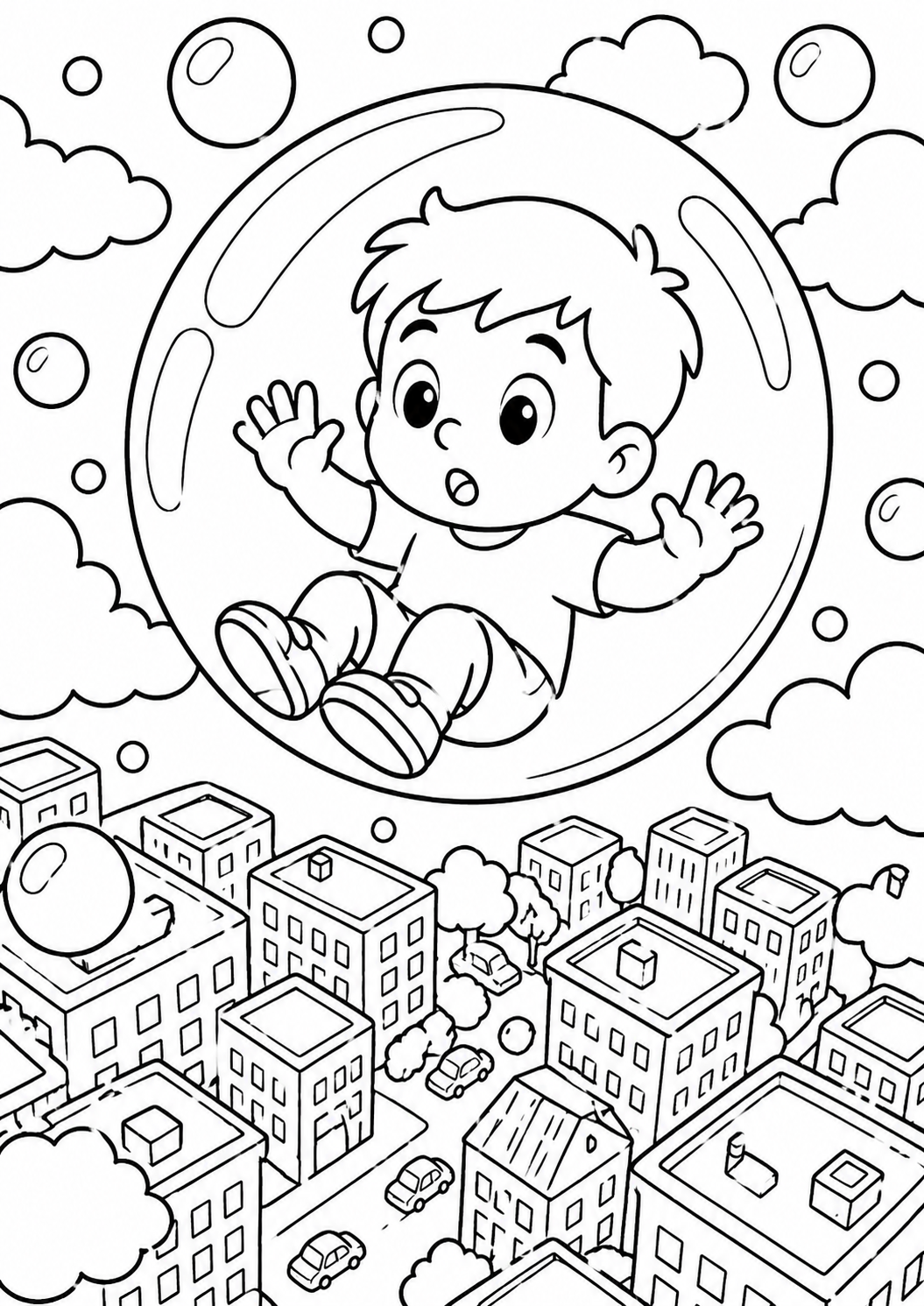 A child floating in a large bubble above a city full of buildings and clouds, perfect for a whimsical coloring activity that sparks creativity.