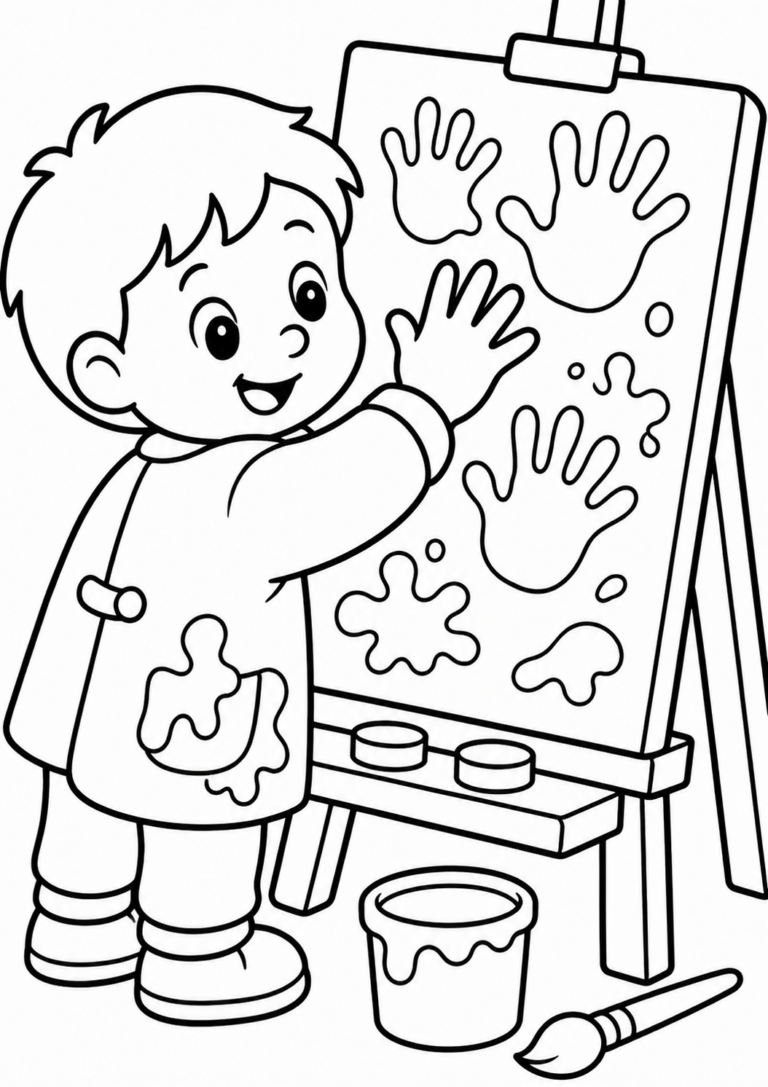 A cheerful child is seen painting on an easel featuring handprints. The child is wearing an apron, surrounded by paint supplies, capturing the joy of artistic expression.