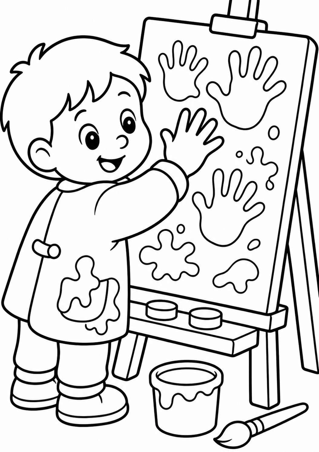 A cheerful child is seen painting on an easel featuring handprints. The child is wearing an apron, surrounded by paint supplies, capturing the joy of artistic expression.