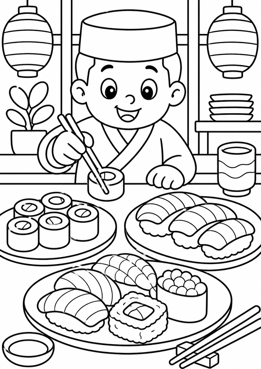 A happy child enjoying various sushi dishes in a traditional setting, using chopsticks to pick up sushi. Plates of nigiri and rolls are depicted, providing kids with an engaging coloring activity that introduces Japanese cuisine.