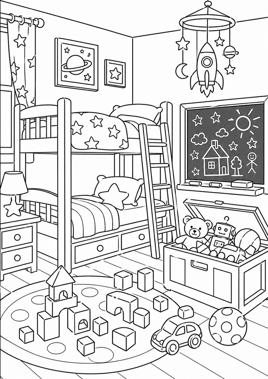 A coloring page showing a children's room with bunk beds, a toy box, and a chalkboard with doodles. The room has various toys scattered around, including blocks and a toy car.