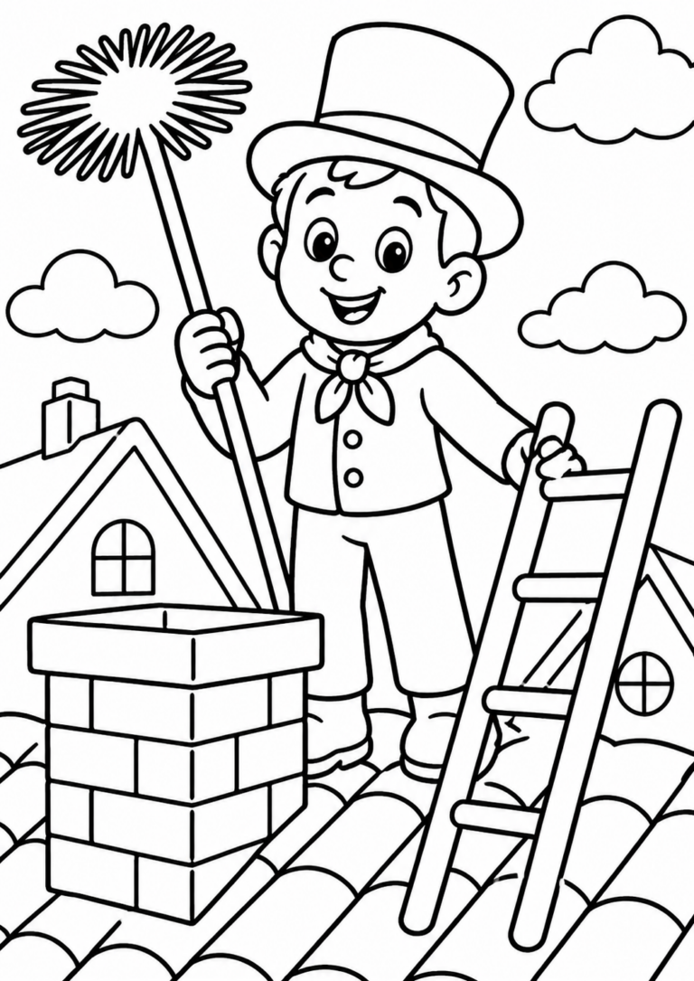 Children’s coloring page of a happy chimney sweep with a brush and ladder on a rooftop surrounded by fluffy clouds. Ideal for encouraging creativity and color exploration in young artists.