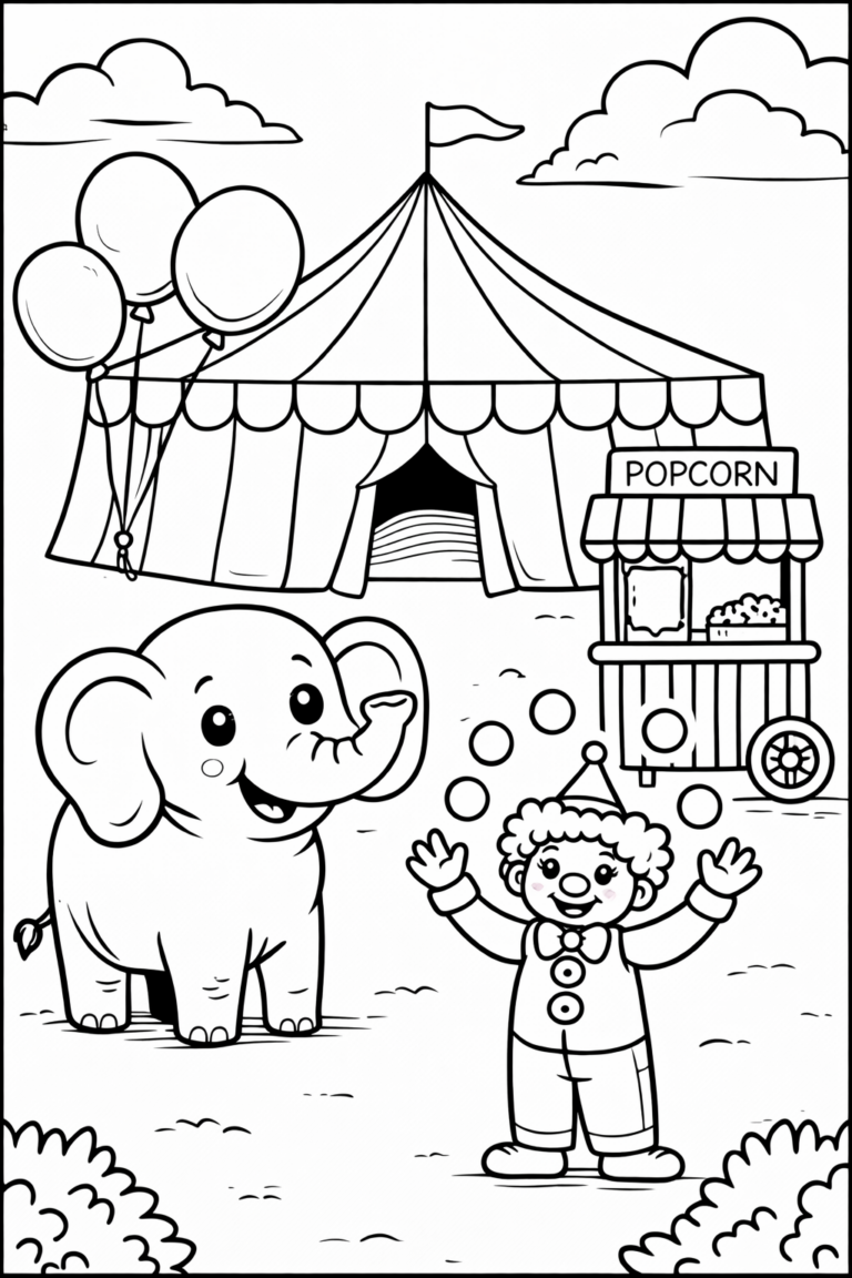 Children will love coloring this engaging circus scene with an elephant, clown, balloons, popcorn stand, and a big top tent, inviting them to explore a world of vibrant colors and imaginative fun.