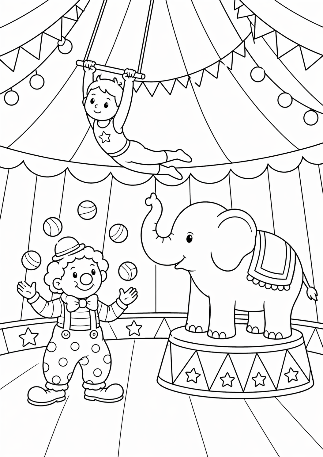 A circus scene with a clown juggling, an acrobat swinging on a trapeze, and a decorated elephant standing on a platform under a big top, ready for kids to color.
