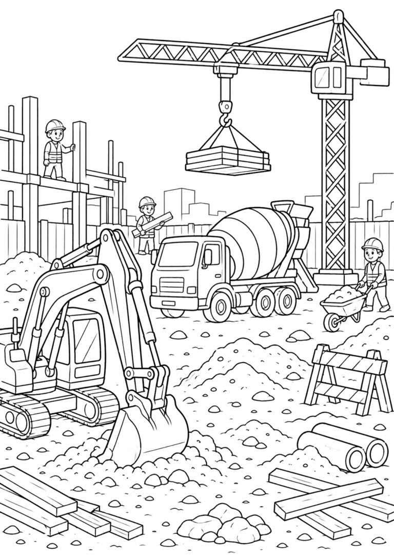 A detailed coloring page featuring a busy construction site with vehicles such as an excavator and cement mixer, along with workers in hard hats operating the machinery amid building structures and cranes.