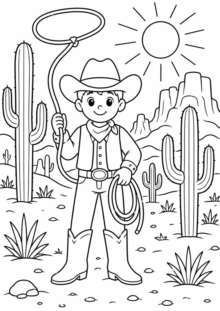 A captivating coloring page showing a cheerful cowboy holding a lasso in a desert setting with cacti and mountains under a bright sun, providing a fun artistic experience for children.