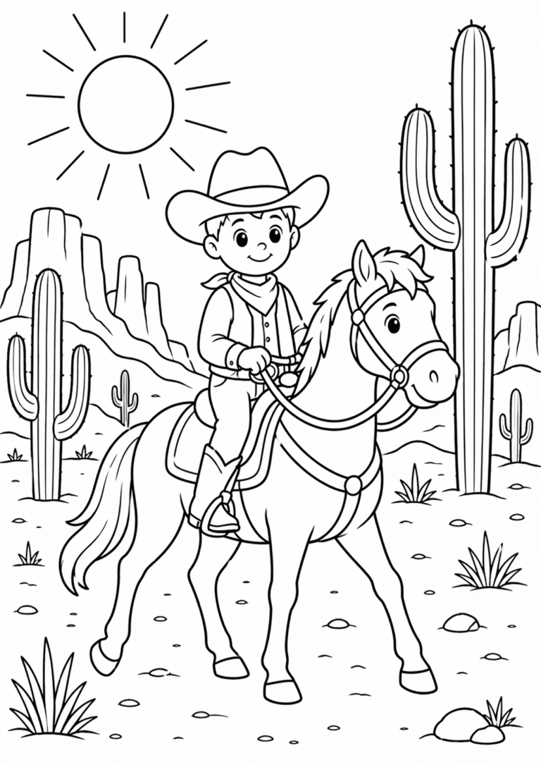 A cowboy rides a horse through a desert with cacti and a bright sun overhead, perfect for a coloring activity focusing on Western themes.