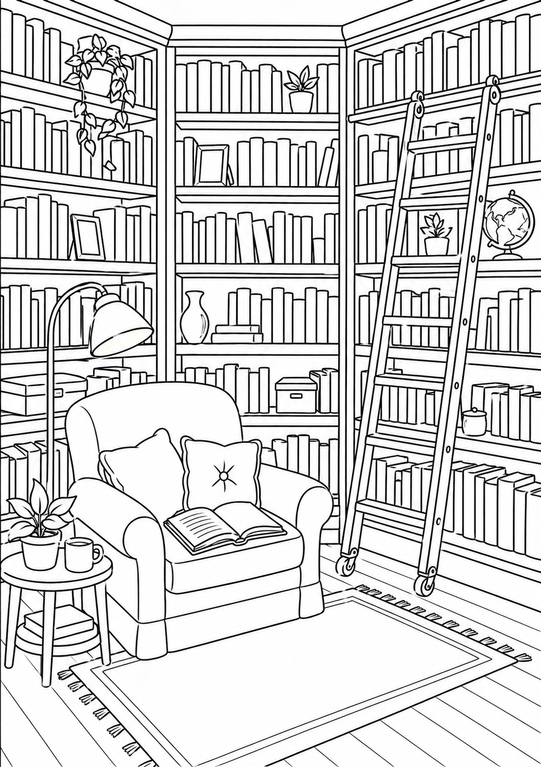 Cozy library coloring page with books, armchair, and ladder. Features bookshelves filled with books, a reading lamp, small plants, and an open book on the armchair, offering plenty of details for children to color.