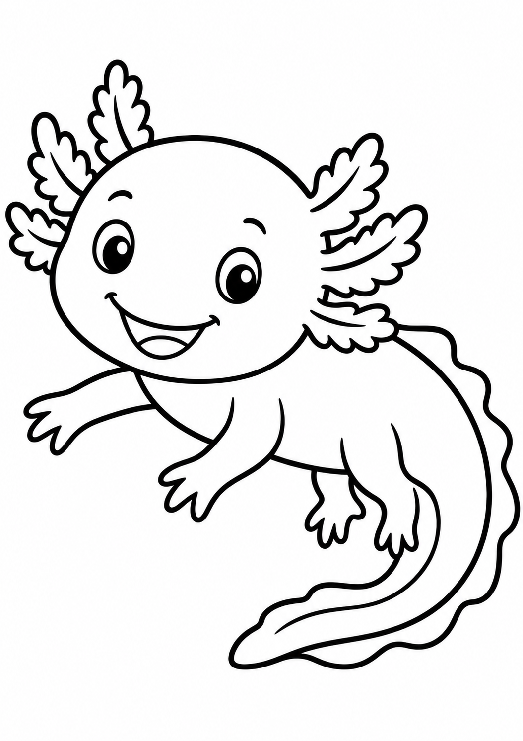 A cute axolotl coloring page with big inviting eyes and a cheerful smile. Suitable for children to color and explore their creativity.