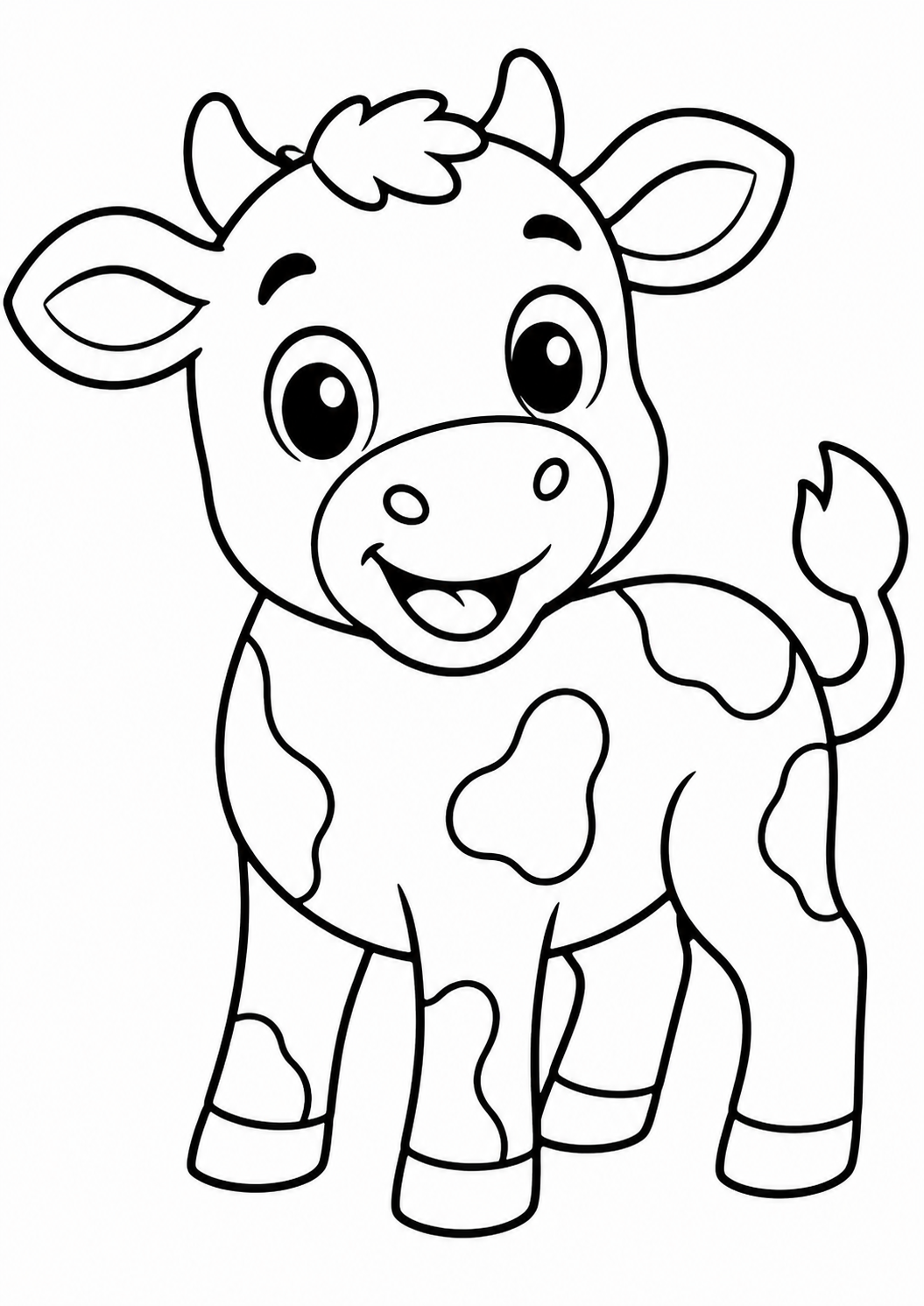 Coloring page of an adorable baby cow with big eyes and a big smile, designed for kids to color. The cow has simple outlines, making it easy for children to add vibrant colors.