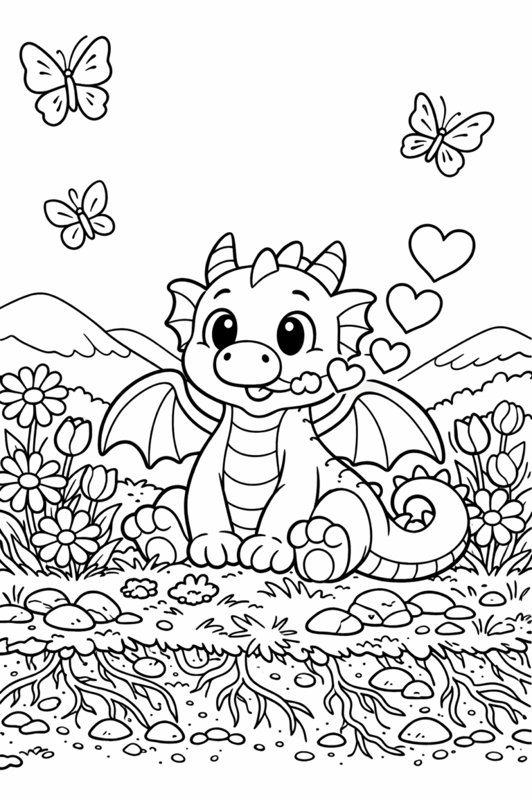 A cute baby dragon sitting among flowers with butterflies around. Perfect for kids who enjoy coloring mythical and fantasy-themed scenes.