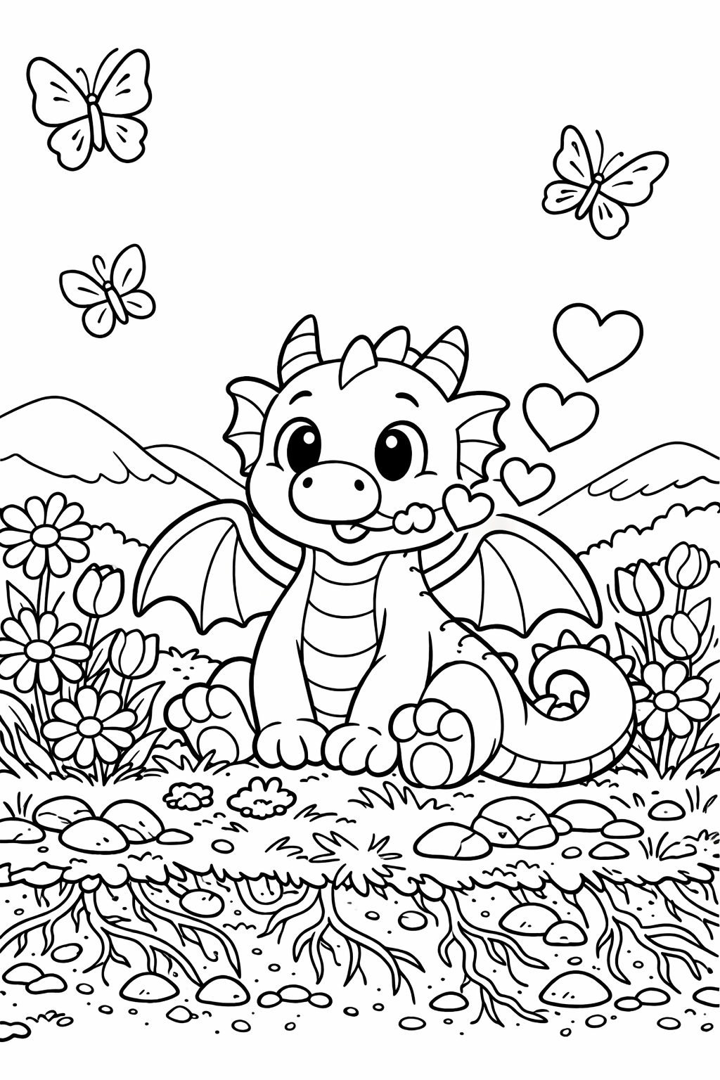 A cute baby dragon sitting among flowers with butterflies around. Perfect for kids who enjoy coloring mythical and fantasy-themed scenes.