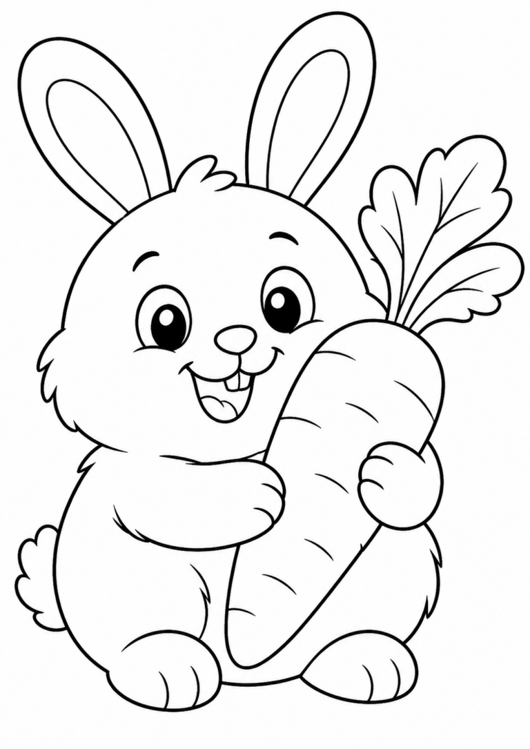 Charming cartoon bunny holding a carrot, with fluffy features and friendly expression, perfect for children's coloring activities.