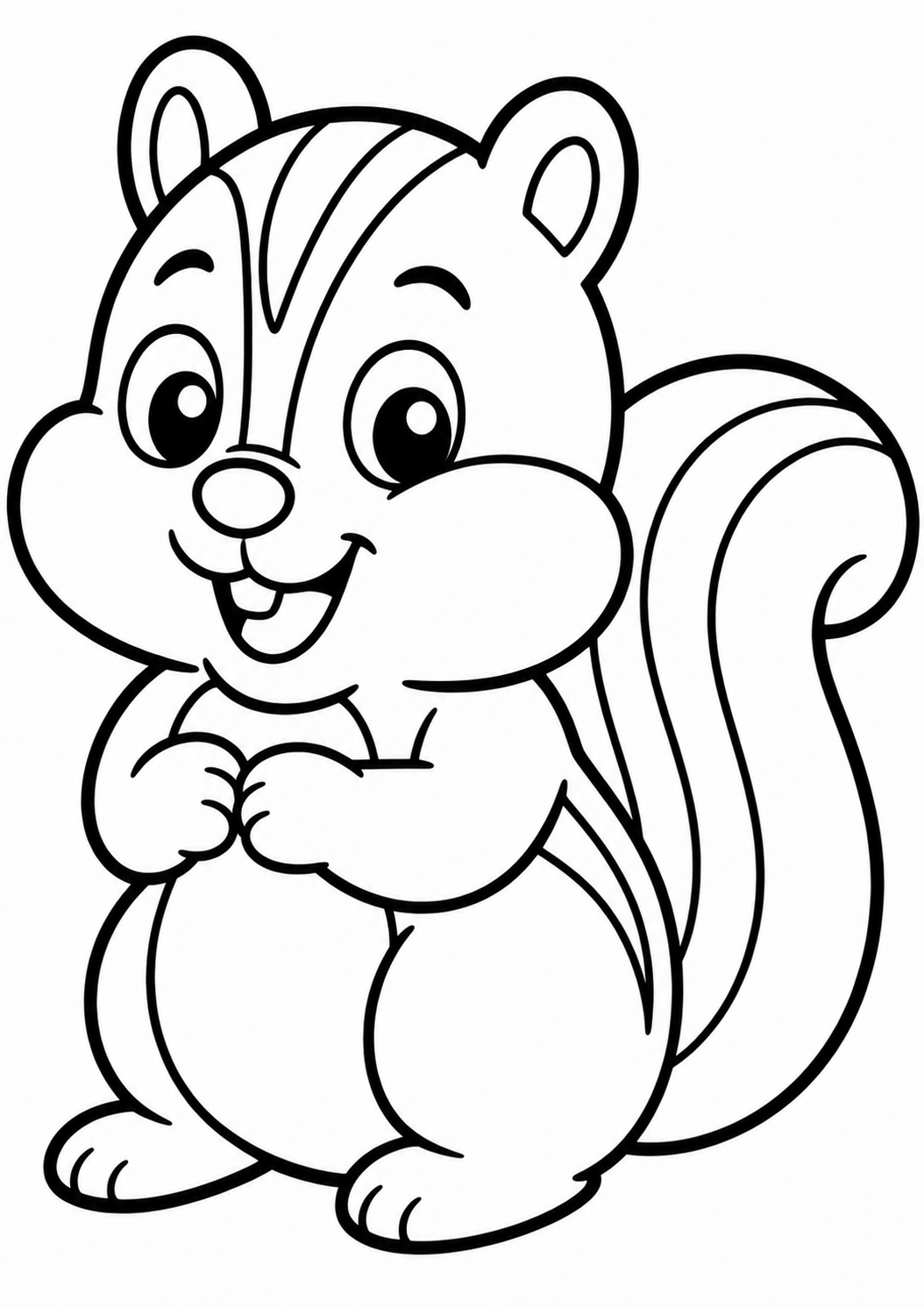 Coloring page with a cute chipmunk standing happily, showing its playful face and bushy tail, perfect for kids to color and enjoy.