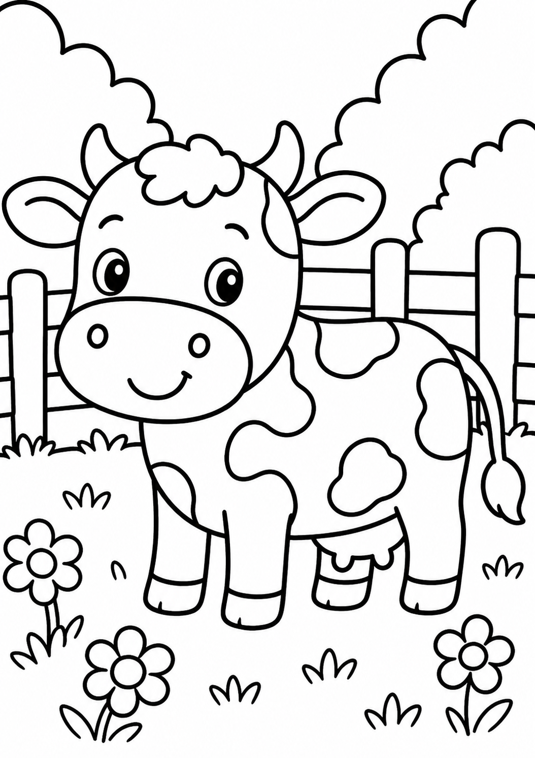 A charming coloring page of a cute cow in a field with flowers and a wooden fence, providing a fun farm-themed coloring activity for children.