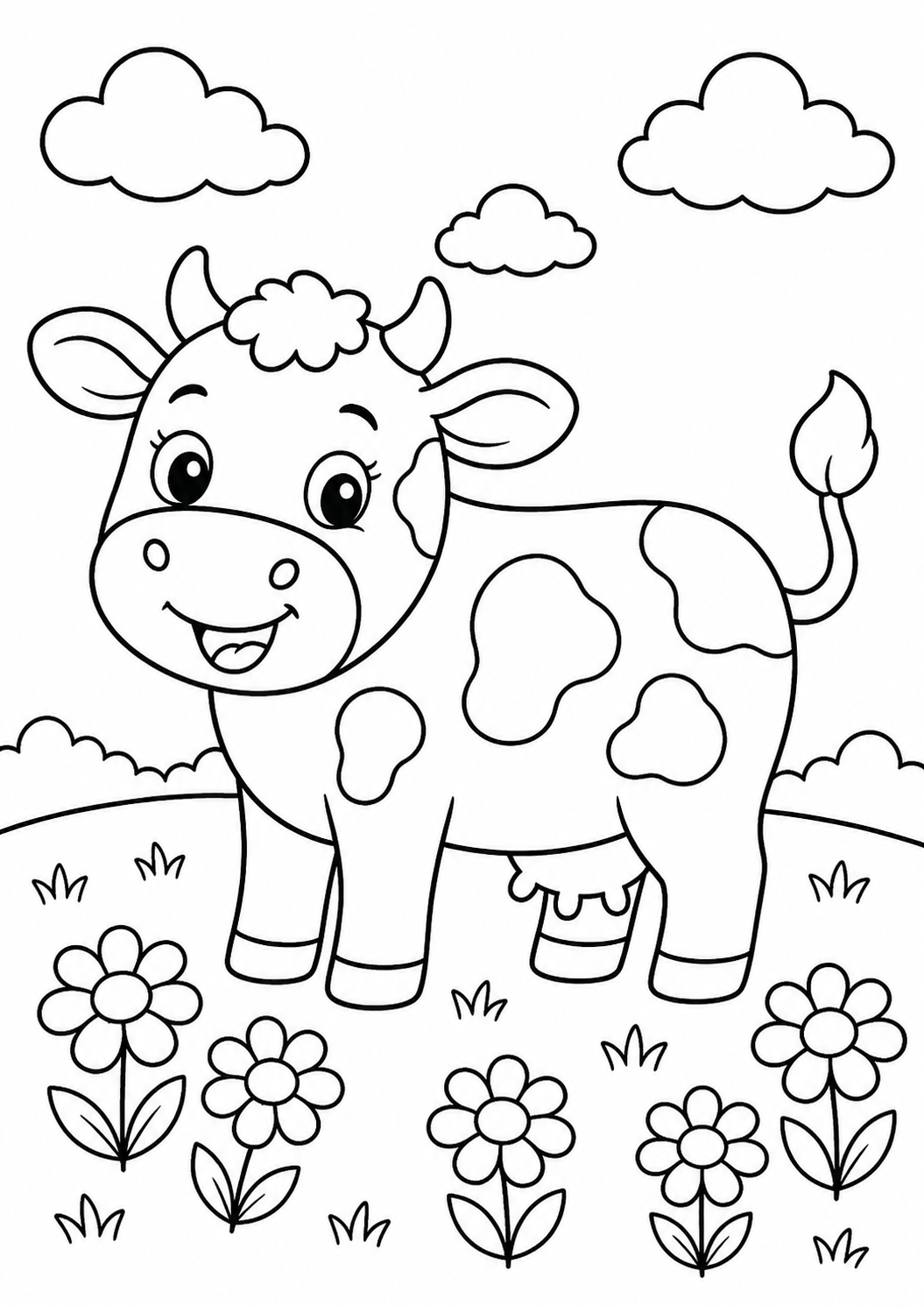A charming coloring page with a smiling cow in a meadow, surrounded by daisies and fluffy clouds, designed for young children to color.