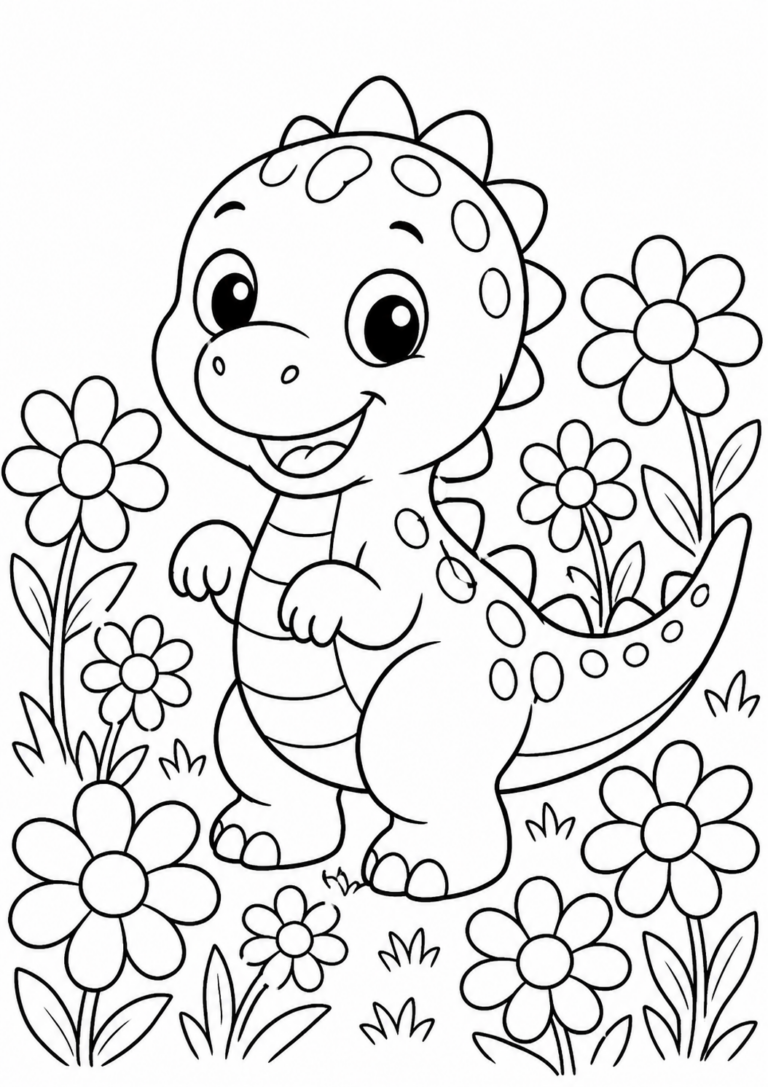 A delightful coloring page showing a cute dinosaur smiling amidst a field of flowers. The scene is designed to spark creativity in children, offering them a fun and engaging coloring experience filled with joy and imagination.