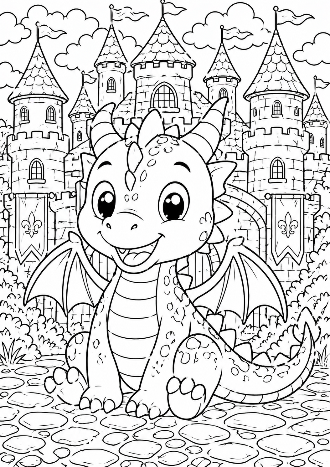 A cute dragon sitting happily in front of a grand medieval castle with numerous turrets and flags, inviting children to color and create a vibrant fantasy scene.