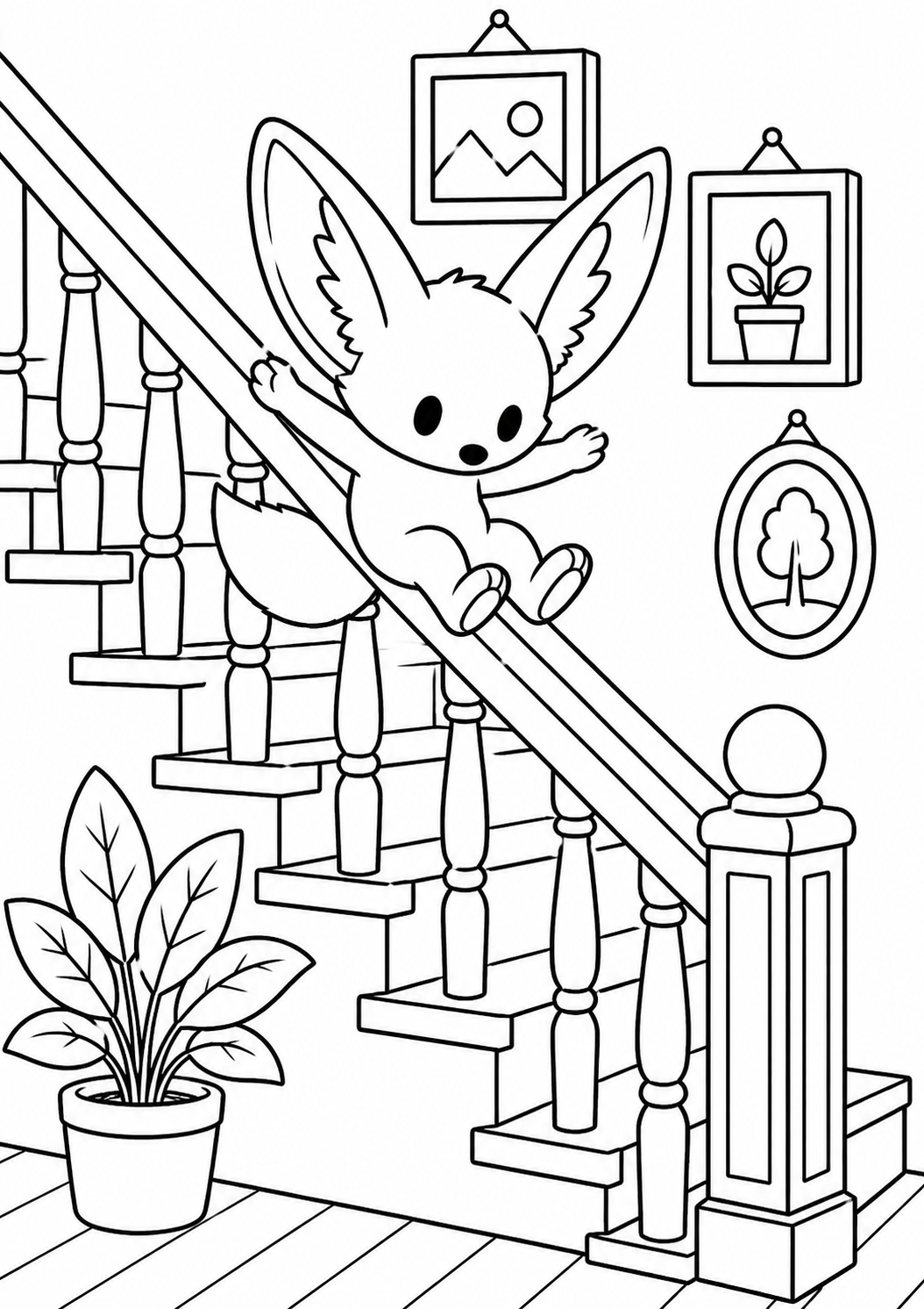 Coloring page of a cute fox sliding down a stair railing with framed pictures and a potted plant around, offering a playful and imaginative coloring experience for children.