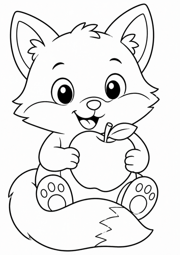 An adorable cartoon fox is holding a large apple, ready to be colored by children. The fox has big eyes and a fluffy tail, adding to its charm and appeal for kids. It's an ideal illustration for youngsters to enjoy and express their creativity.