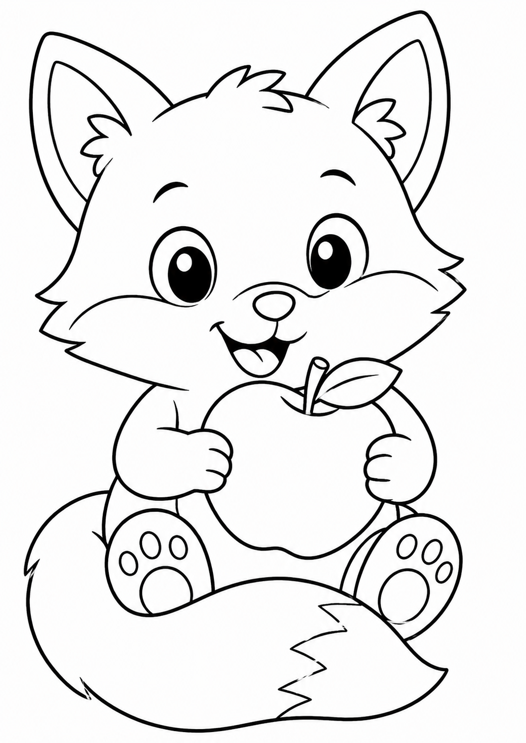An adorable cartoon fox is holding a large apple, ready to be colored by children. The fox has big eyes and a fluffy tail, adding to its charm and appeal for kids. It's an ideal illustration for youngsters to enjoy and express their creativity.