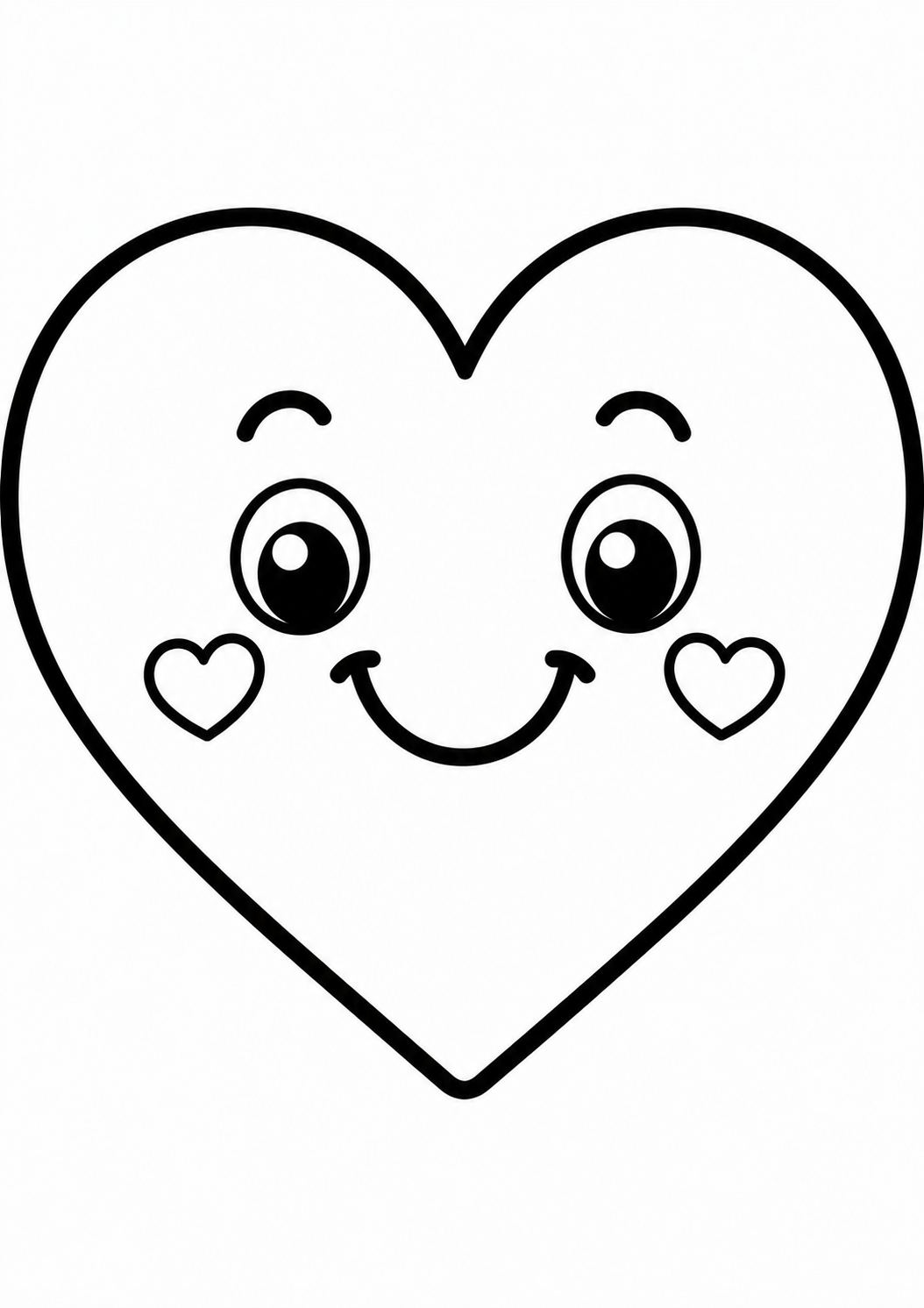 An adorable smiling heart with big eyes and small heart shapes on its cheeks for kids to color in.