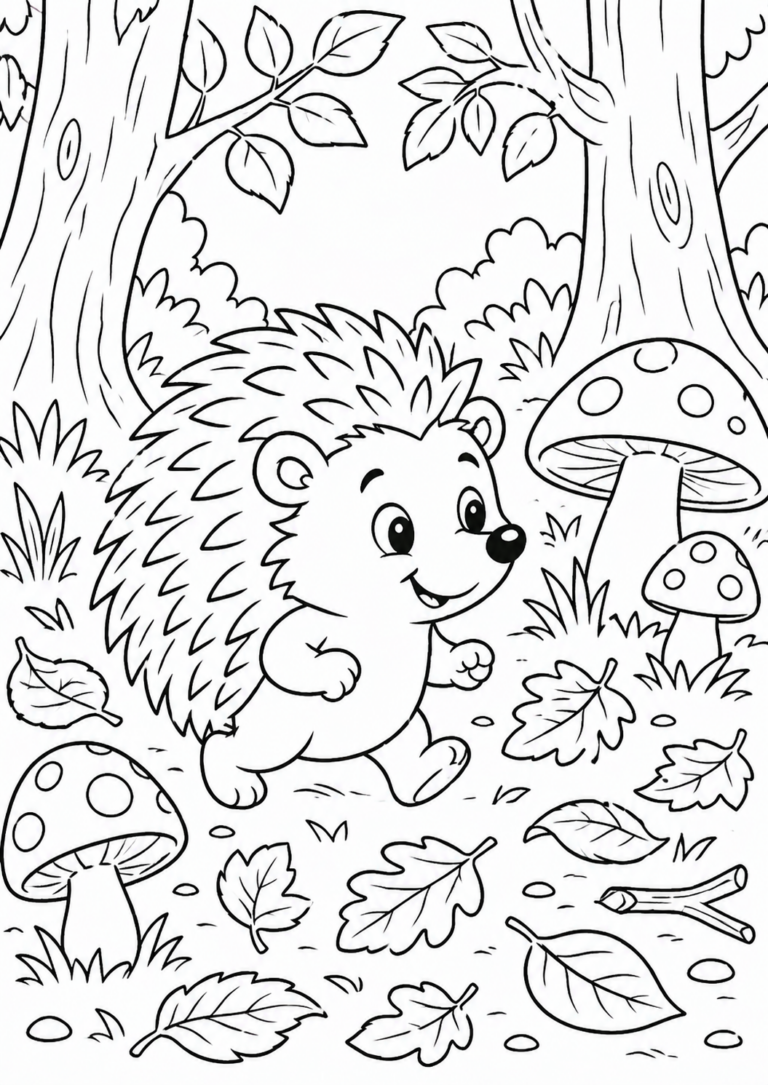 A cheerful hedgehog wanders through a forest scene with trees, fallen leaves, and mushrooms. This delightful coloring page invites children to explore their creativity by adding vibrant colors to the joyful animal and its whimsical environment.