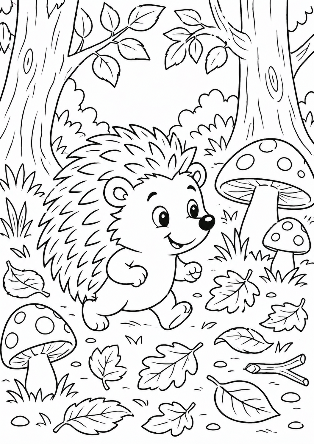 A cheerful hedgehog wanders through a forest scene with trees, fallen leaves, and mushrooms. This delightful coloring page invites children to explore their creativity by adding vibrant colors to the joyful animal and its whimsical environment.