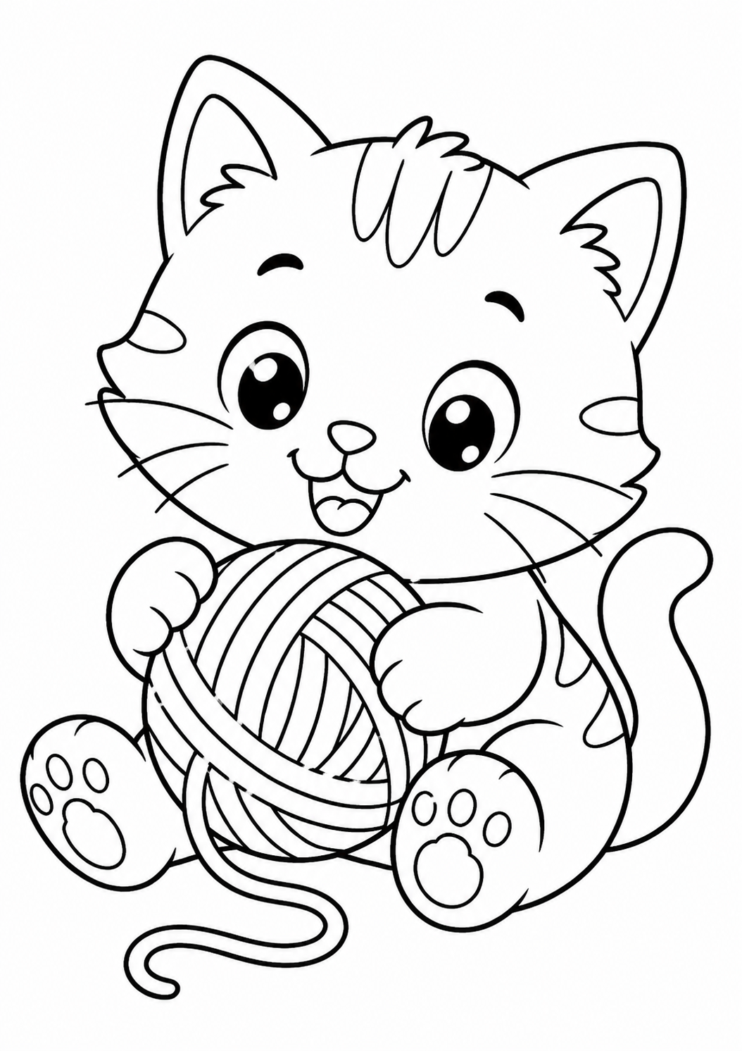 A cute kitten holding a ball of yarn, ready to be colored. The kitten has big, expressive eyes and a playful expression, making it an ideal picture for kids to enhance with their favorite colors.