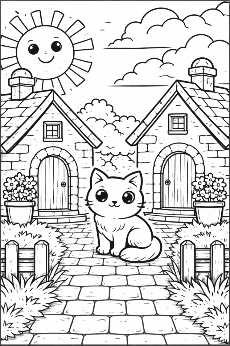 A delightful coloring page depicting a cute kitten sitting on a cobblestone path with cozy cottages, bushes, flowers, and a smiling sun, inviting children to color this charming village scene.