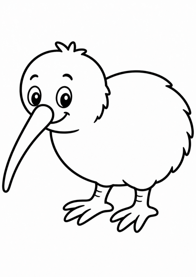 A charming coloring page of a cute kiwi bird with big eyes and a long beak. Its fluffy feathers and tiny toes offer a fun coloring activity for children looking to create a colorful masterpiece.