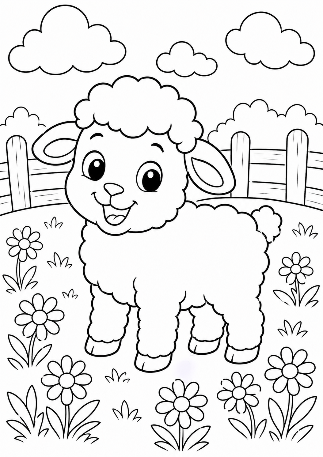 A cute lamb in a field of flowers, smiling under a sky with clouds, perfect for a children's coloring activity related to farm animals.
